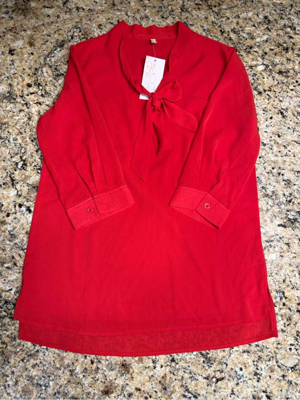 NWT ACEVOG Red Chiffon Bow Tie Neck Blouse Scarlett 3/4 sleeve bow collar SMALL